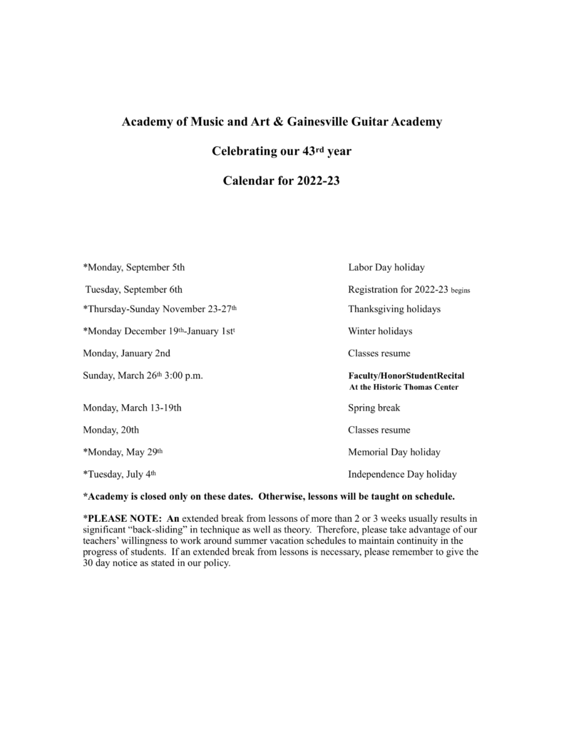 Calendar | Academy of Music and Art & Gainesville Guitar Academy