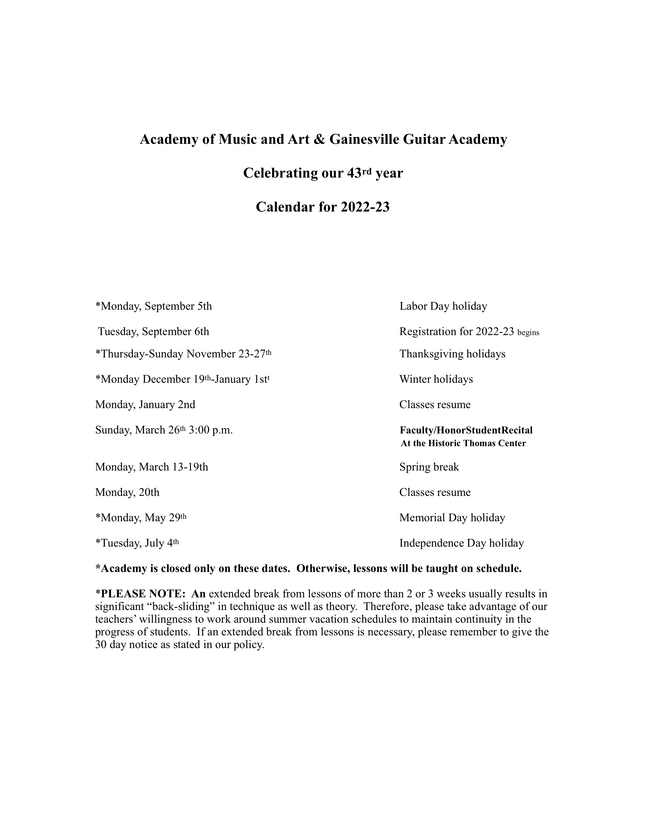 Calendar Academy of Music and Art & Gainesville Guitar Academy